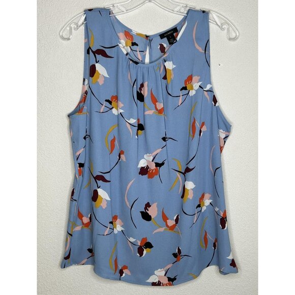Halogen Tank Top Womens Large Blue Floral Sleeveless Blouse Keyhole Back Summer - Picture 1 of 9